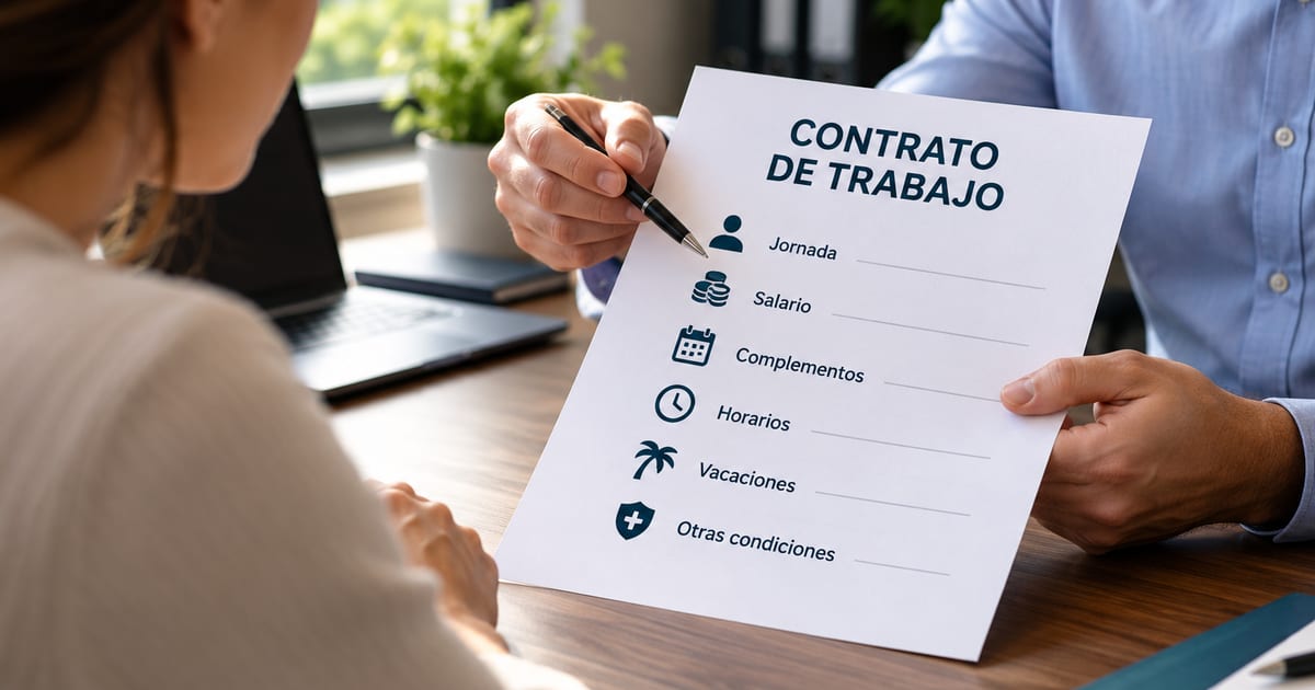 Dos personas en una mesa de oficina revisan un documento titulado «Contrato de trabajo» con los apartados jornada, salario, complementos, horarios, vacaciones y otras condiciones